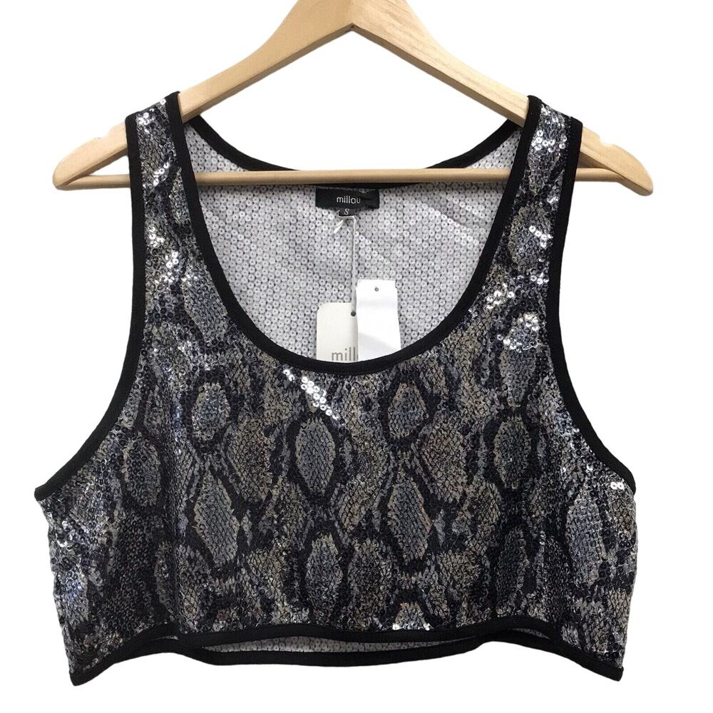 Millau Top Womens Small Crop Tank Black Silver Sequin Snake Reptile